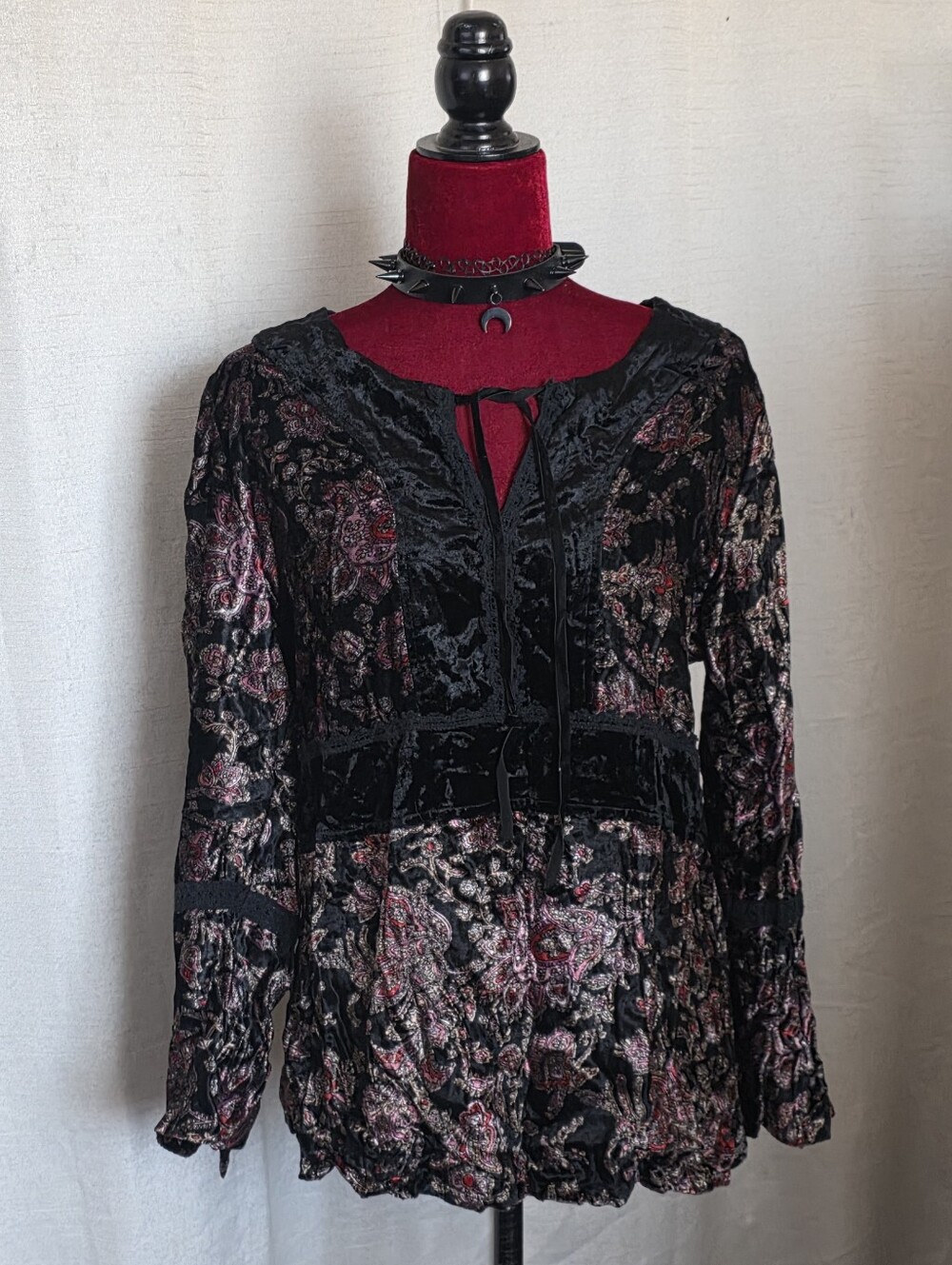 Black Velvet Top with Burgundy Accents